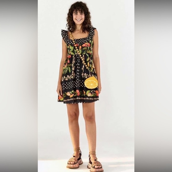 Farm Rio Cocoa Paradise Mini Ruffle sleeve dress New artsy cottagecore SML chic - Picture 2 of 12